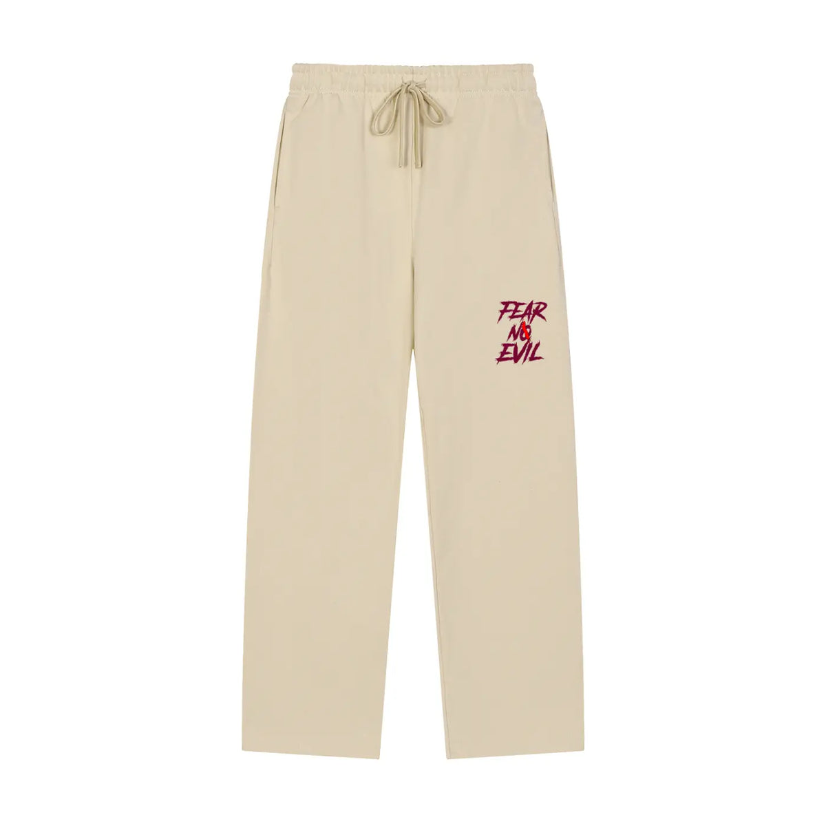 Beige sweatpants with a drawstring waist and a red 'FEAR OR EVIL' graphic on the left leg, shown against a plain white background.