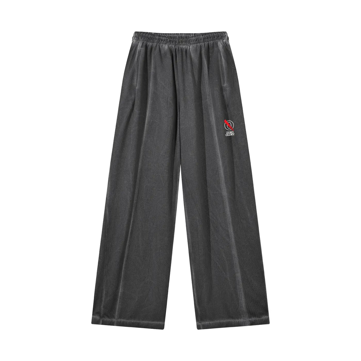 A pair of dark gray wide-leg sweatpants with an elastic waistband and a small red and white circular logo on the left thigh, shown against a plain white background.