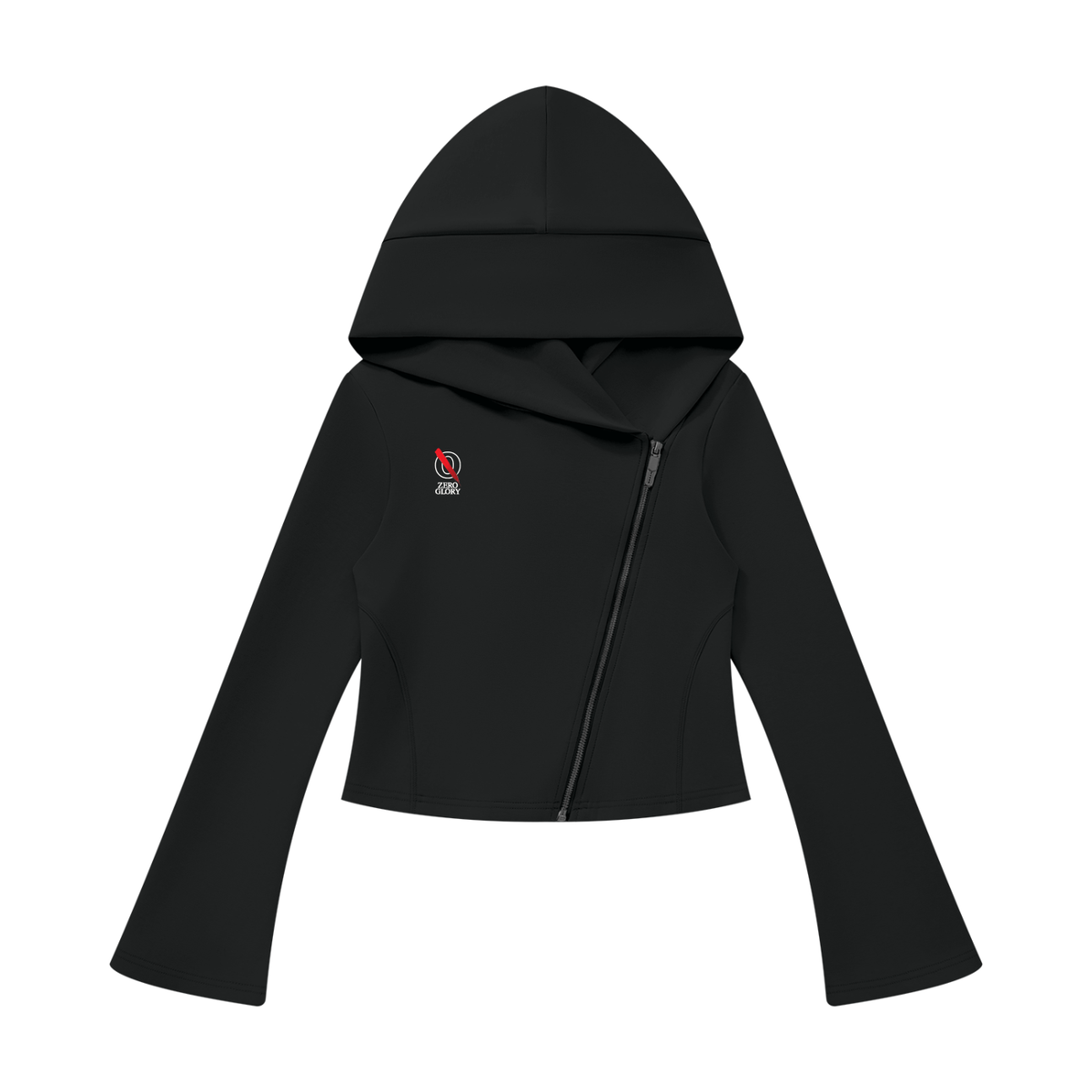 Zero Glory Women's Asymmetric Zip Hoodie in black — front view, diagonal zip, flared sleeves, Zero Glory logo at the chest