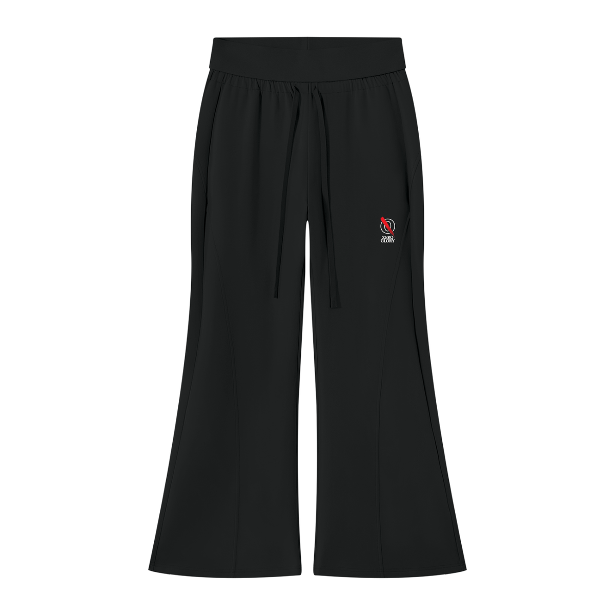 Zero Glory Women's Flared Leg Sweatpants in black — front view, drawstring waist, small Zero Glory logo on the leg