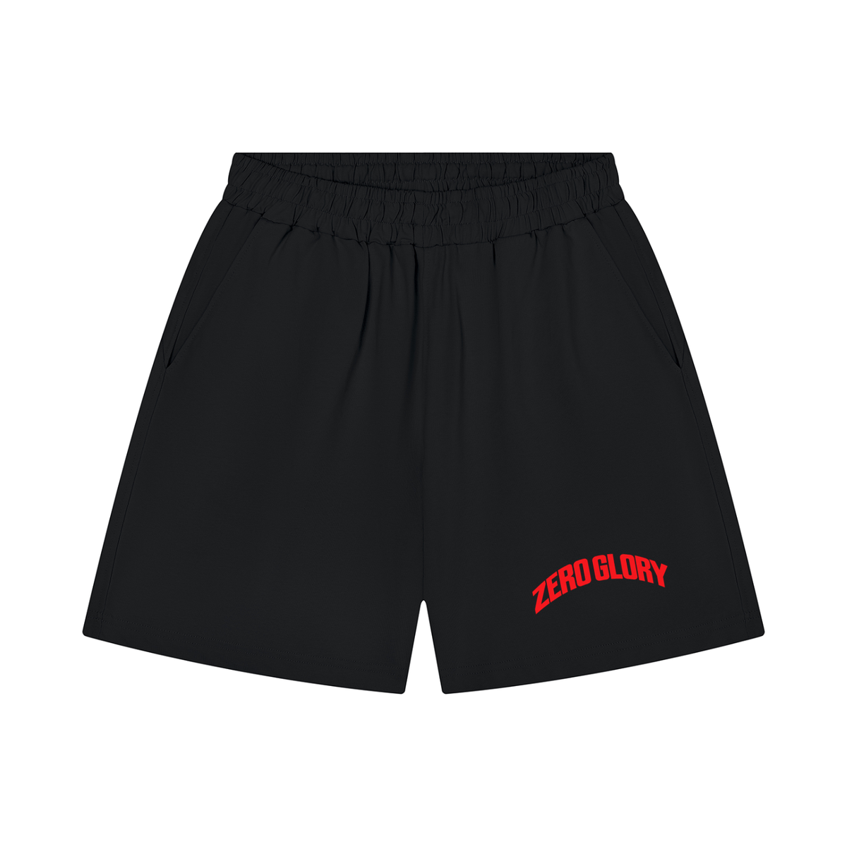 Black athletic shorts with an elastic waistband and a red arched 'ZERO GLORY' logo on the lower left leg, shown against a plain white background.