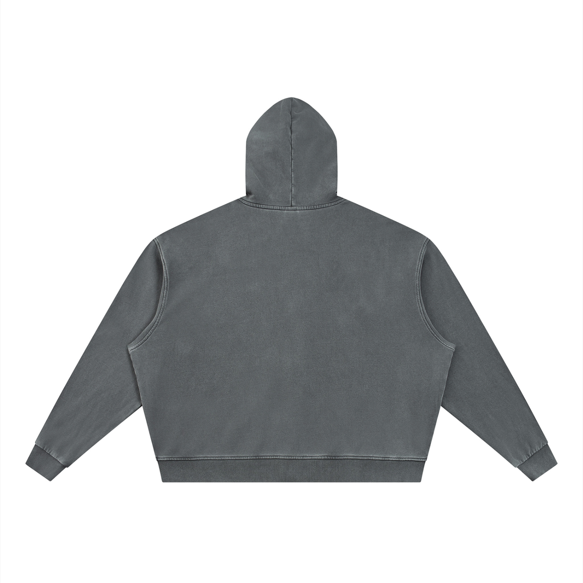 Back view of a heavyweight cotton hoodie in washed blue-gray color.