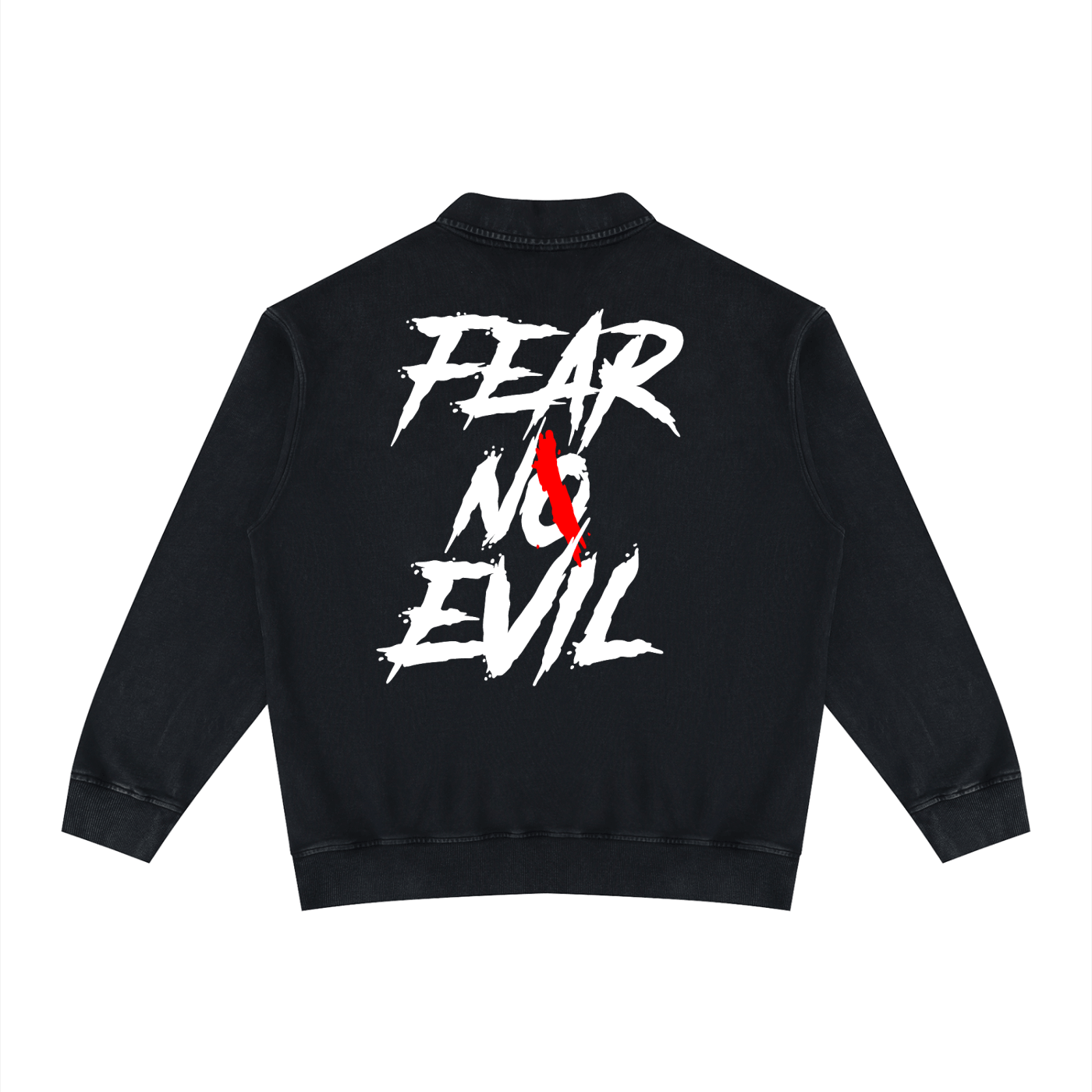 Collared sweatshirt for casual wear featuring bold 'FEAR NO EVIL' graphic design on the back.
