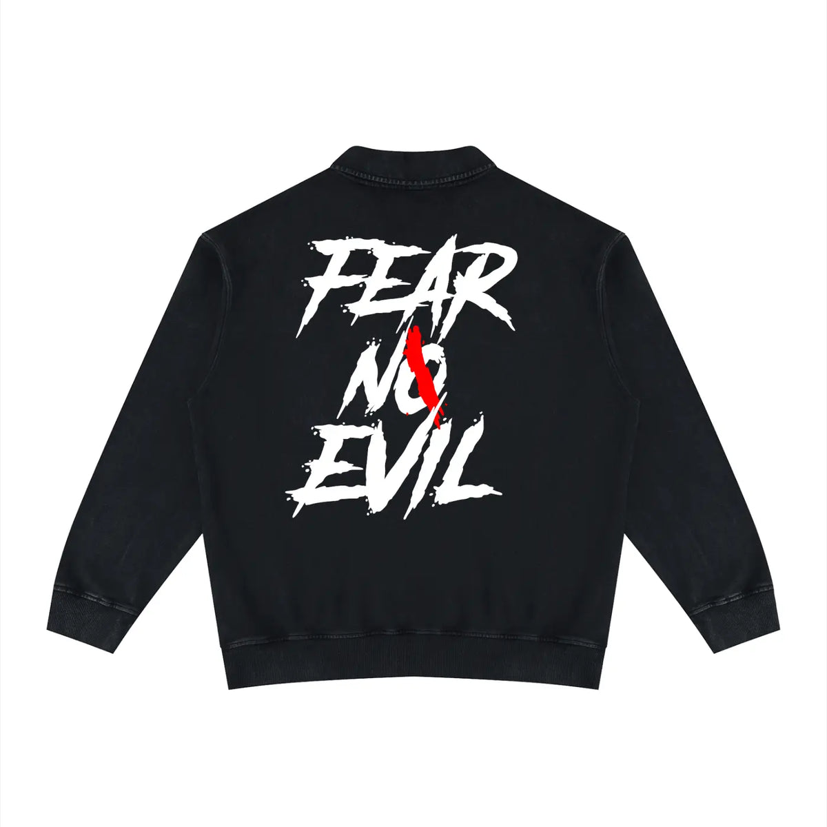 Collared sweatshirt for casual wear featuring bold 'FEAR NO EVIL' graphic design on the back.