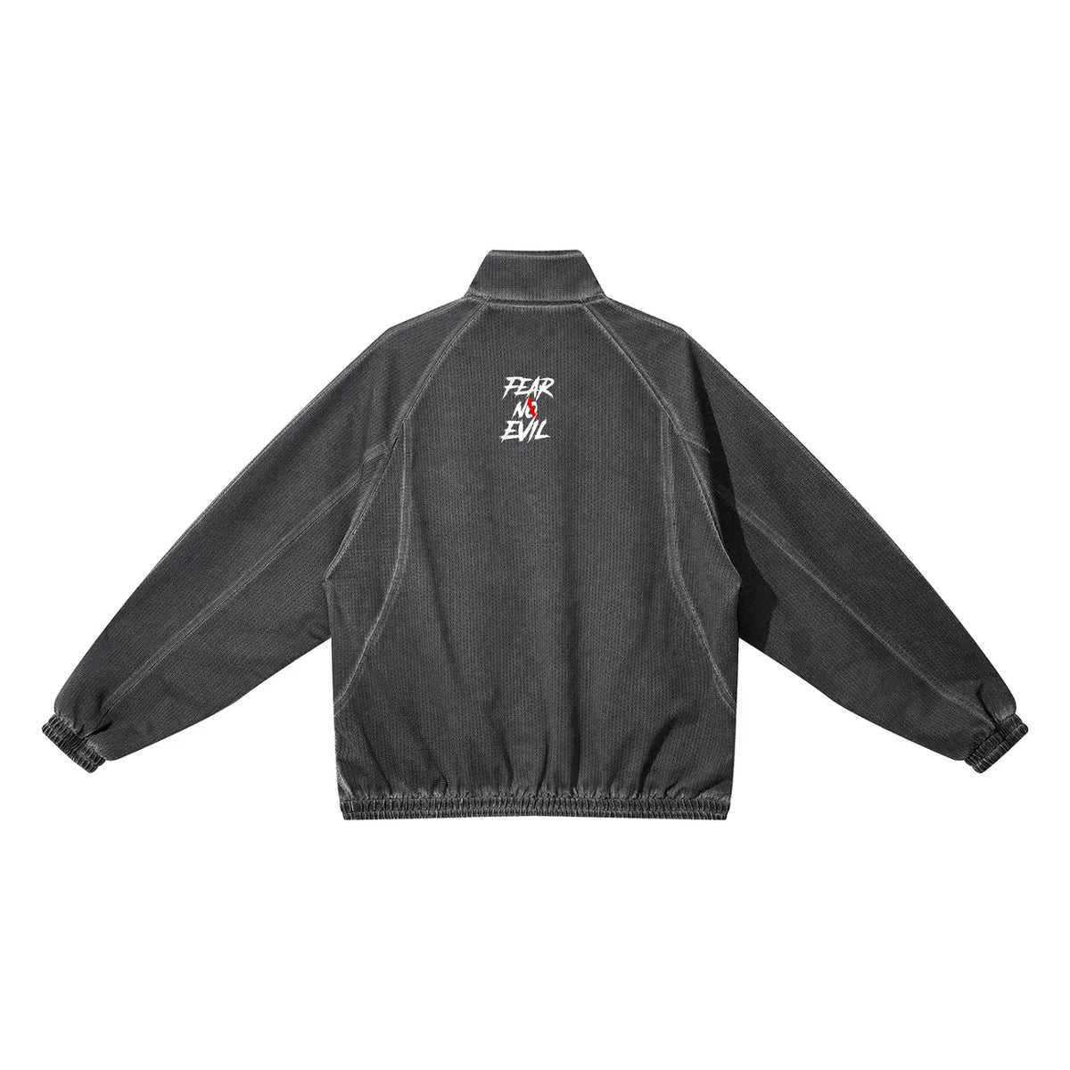 Back view of the charcoal wash unisex track jacket featuring a stand collar and graphic print.