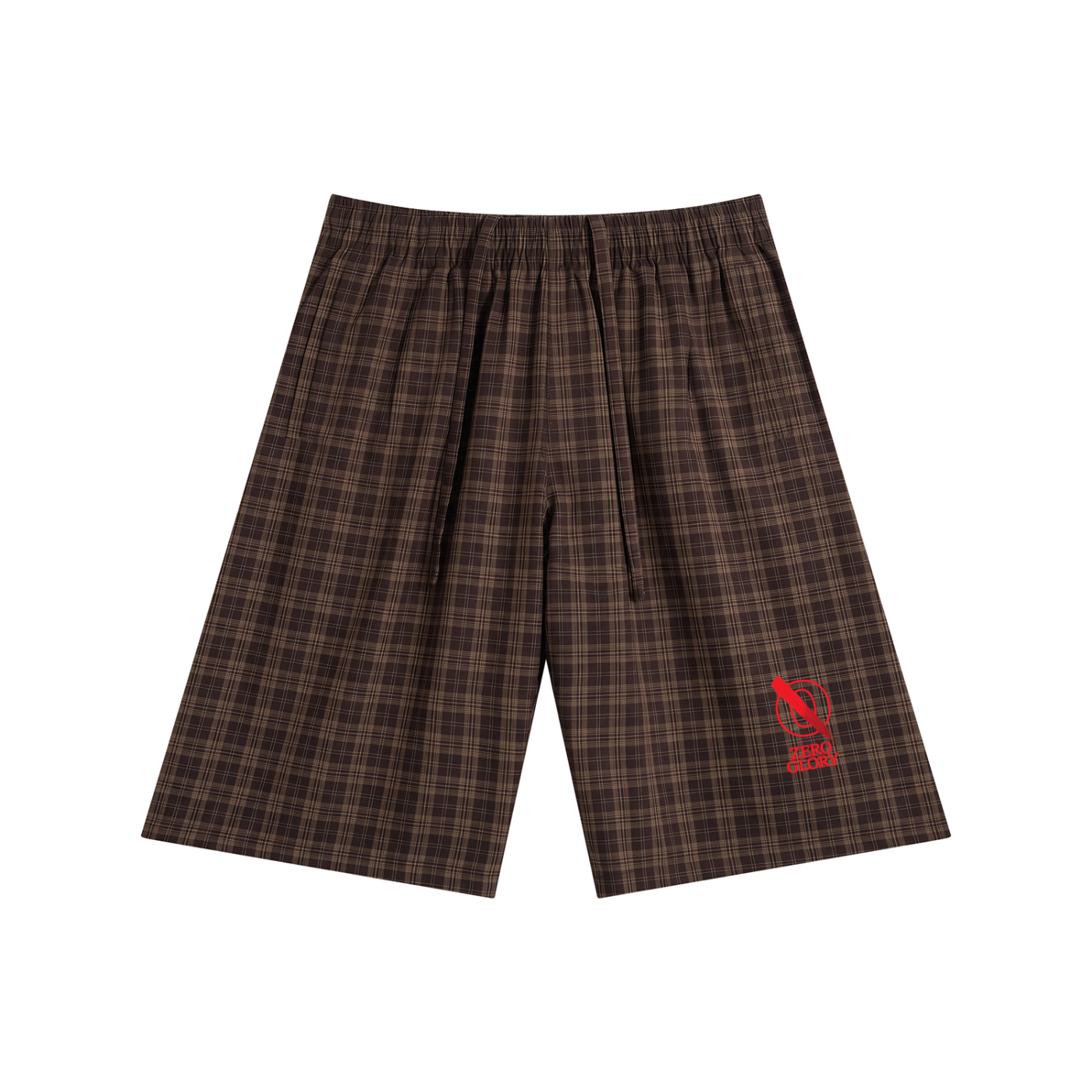 Front view of Zero Glory Unisex Ember Plaid Shorts in coffee brown with a small red logo