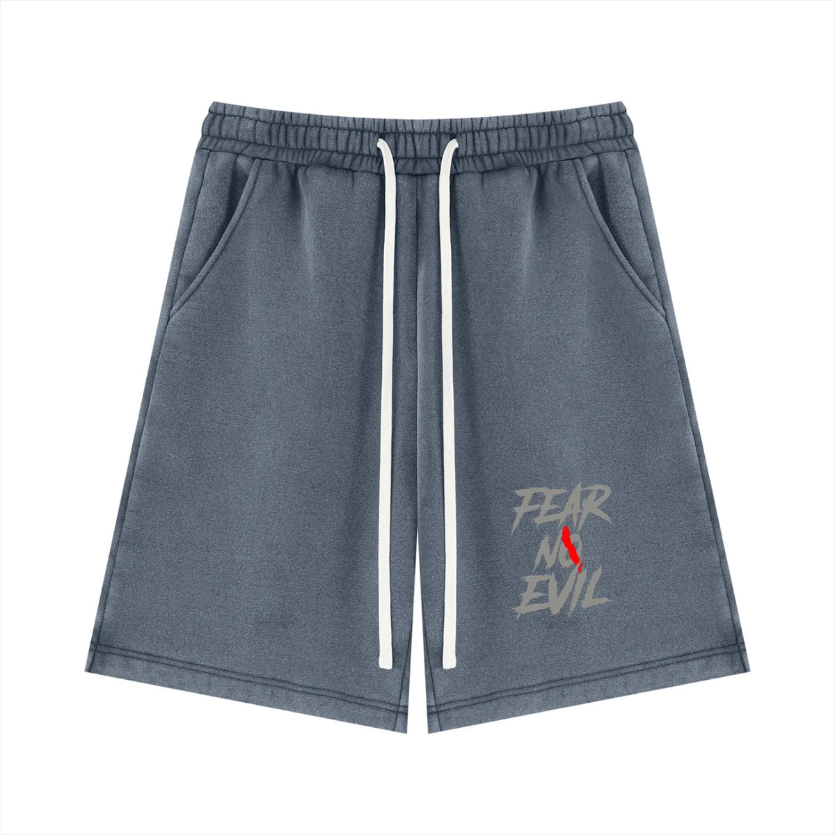 Fear No Evil Indigo Fleece Shorts with a bold graphic and relaxed fit, made from premium heavyweight fleece.