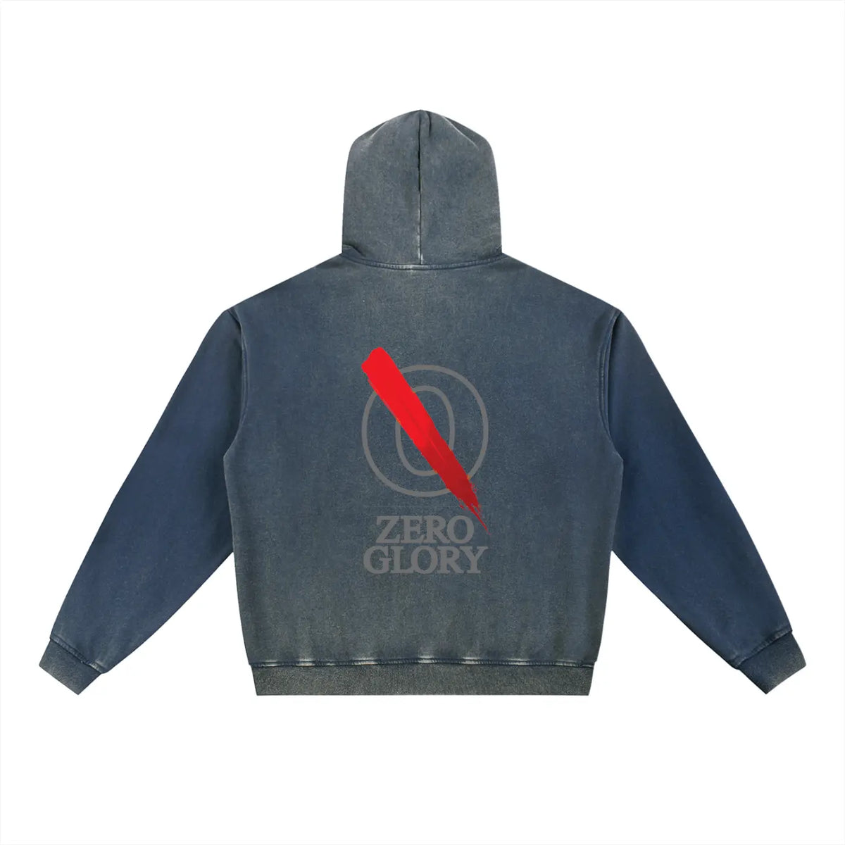 Indigo fleece hoodie featuring a vintage-washed finish and oversized silhouette from Zero Glory, displayed from the back.