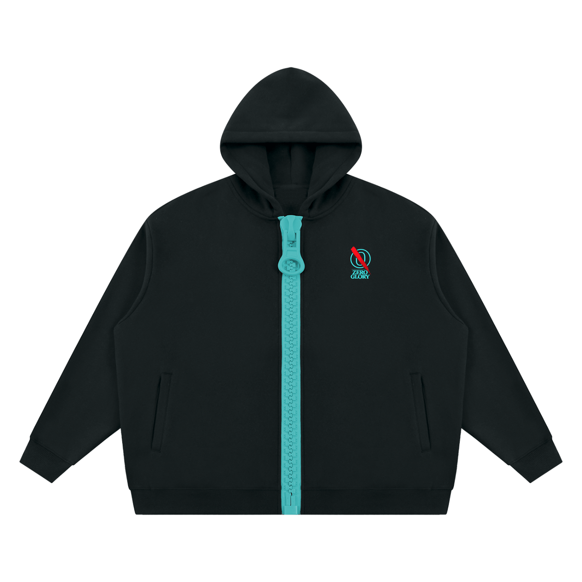 Unisex Oversized Fleece Chunky-Zip Hoodie in Black with blue chunky zipper, front view, Zero Glory