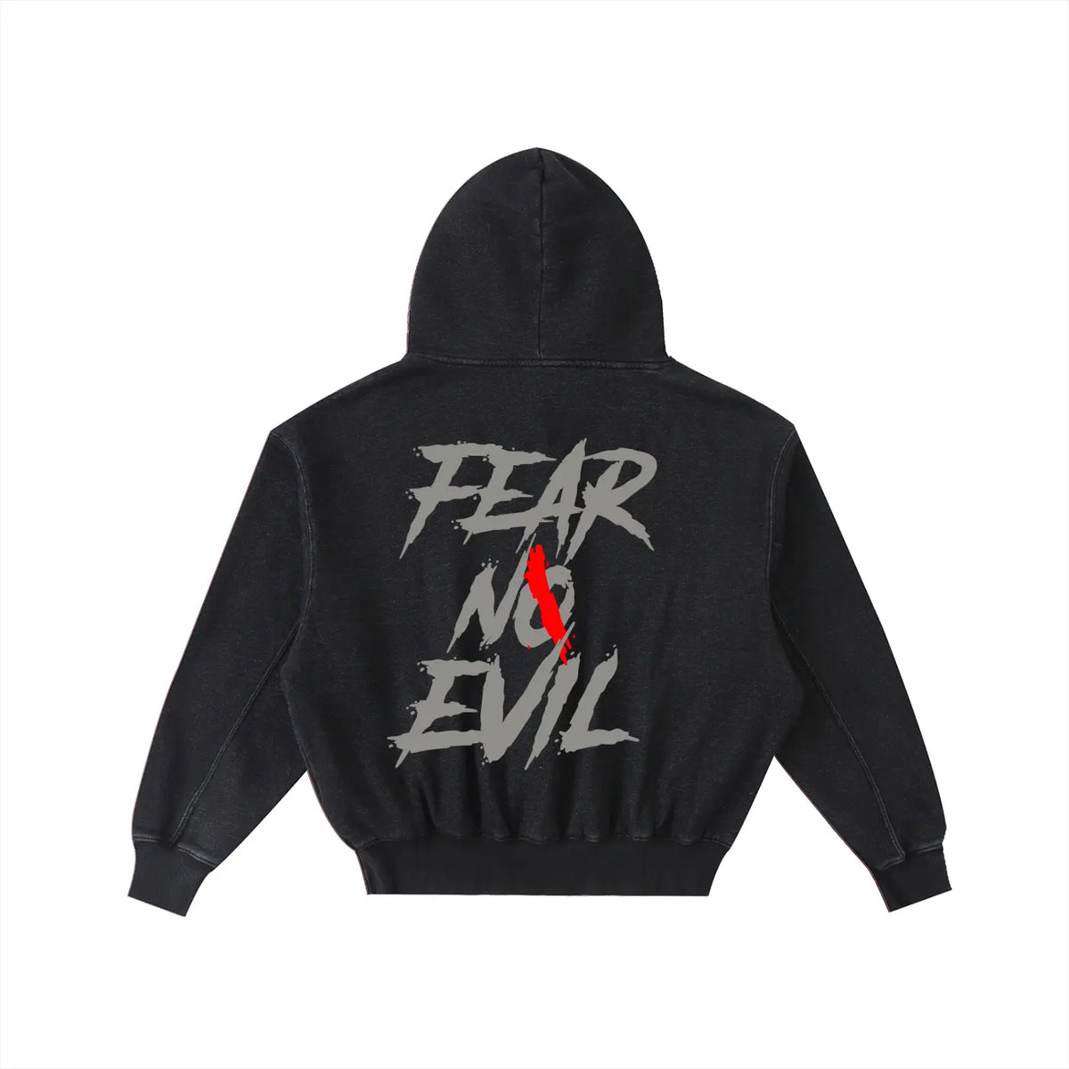Back view of the Overcast heavyweight unisex hoodie featuring bold 'FEAR NO EVIL' graphic design