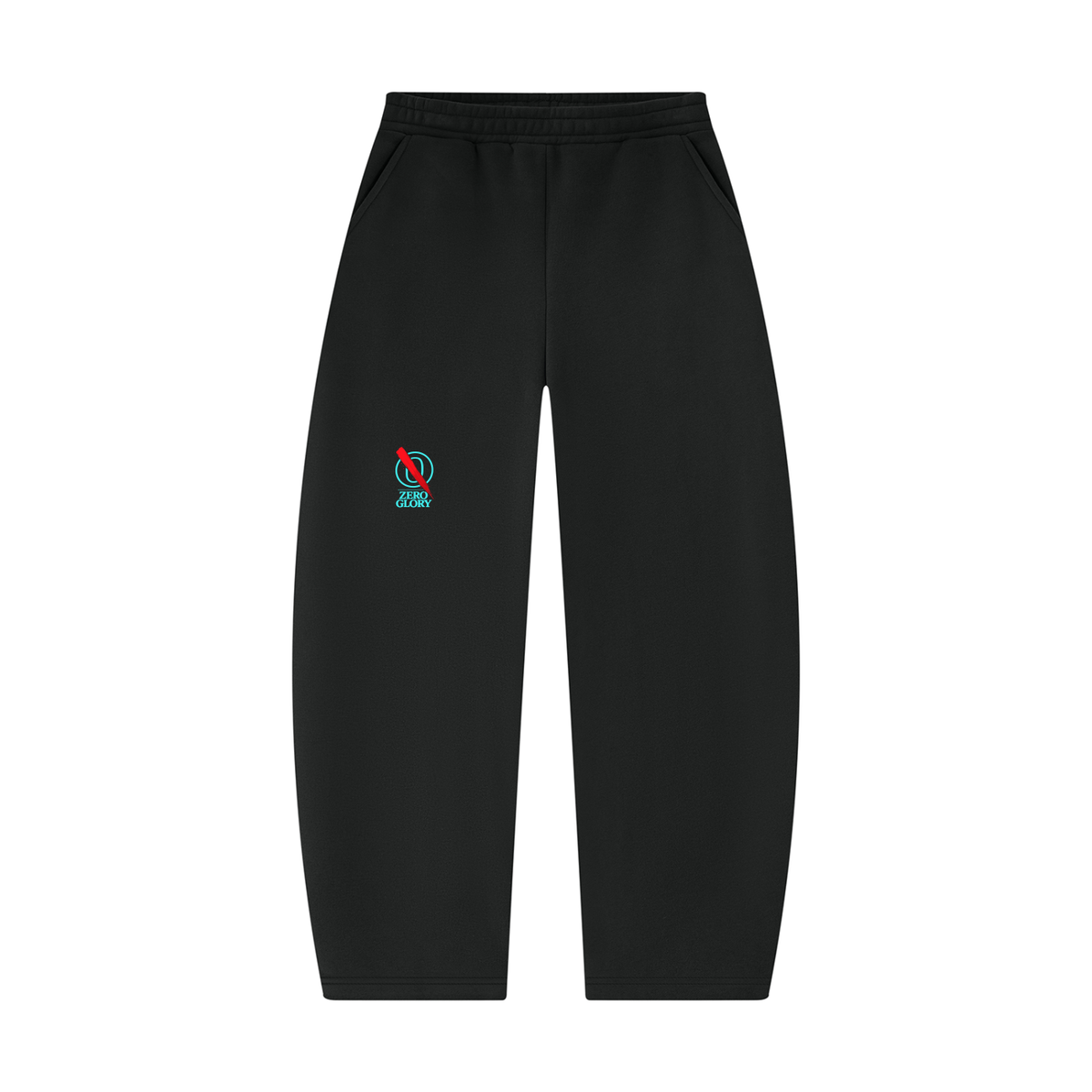 Unisex Barrel Leg Sweatpants in Black with Zero Glory logo on the leg, front view, Zero Glory