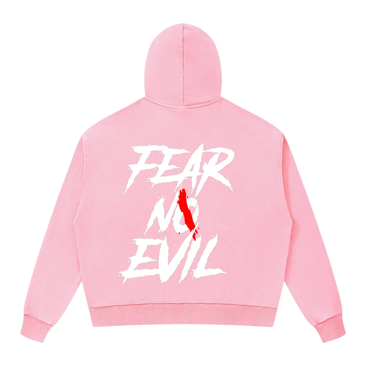 Back view of a pink hoodie with 'FEAR NO EVIL' written in white, featuring a bold red accent, ideal for Breast Cancer Awareness Zip Hoodie.