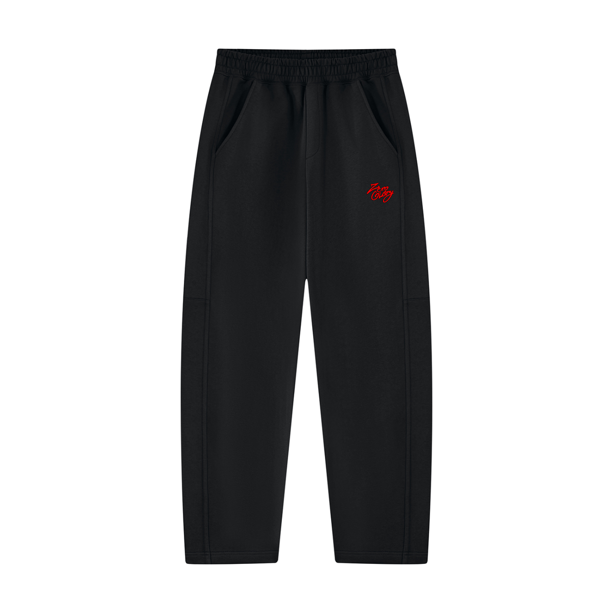 Heavyweight Narrow way straight leg pants in black with red logo, featuring a clean silhouette and relaxed style.