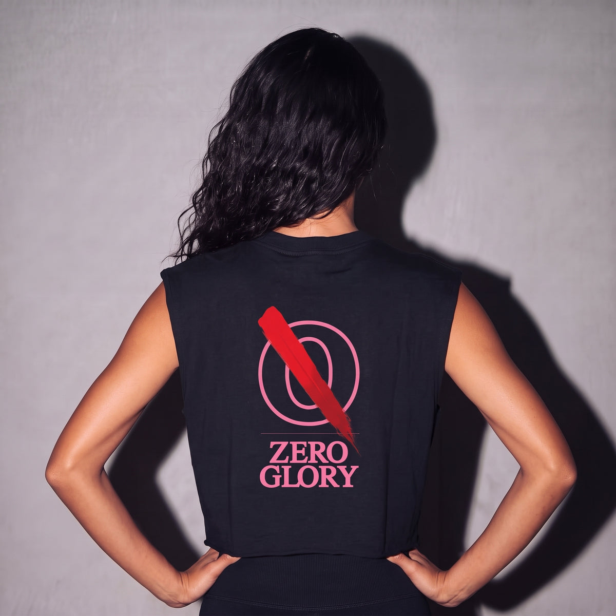 Model wearing the black boxy tank
