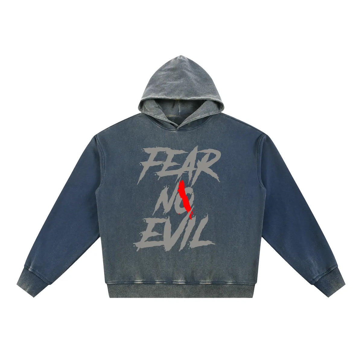 Indigo fleece hoodie featuring vintage-washed finish and 'Fear No Evil' graphic design on front.