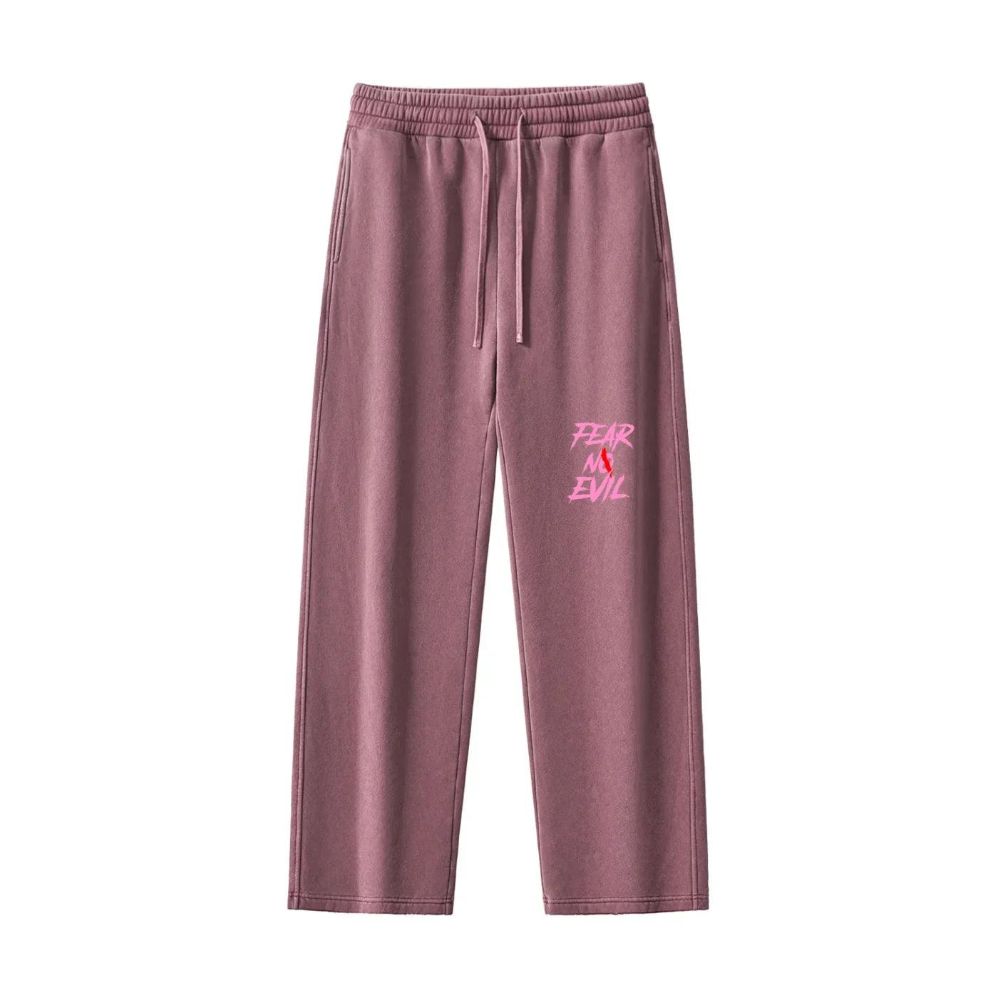 Dusty rose sweatpants with 'FEAR NO EVIL' in pink, Christ-centered streetwear for bold, faith-driven style.