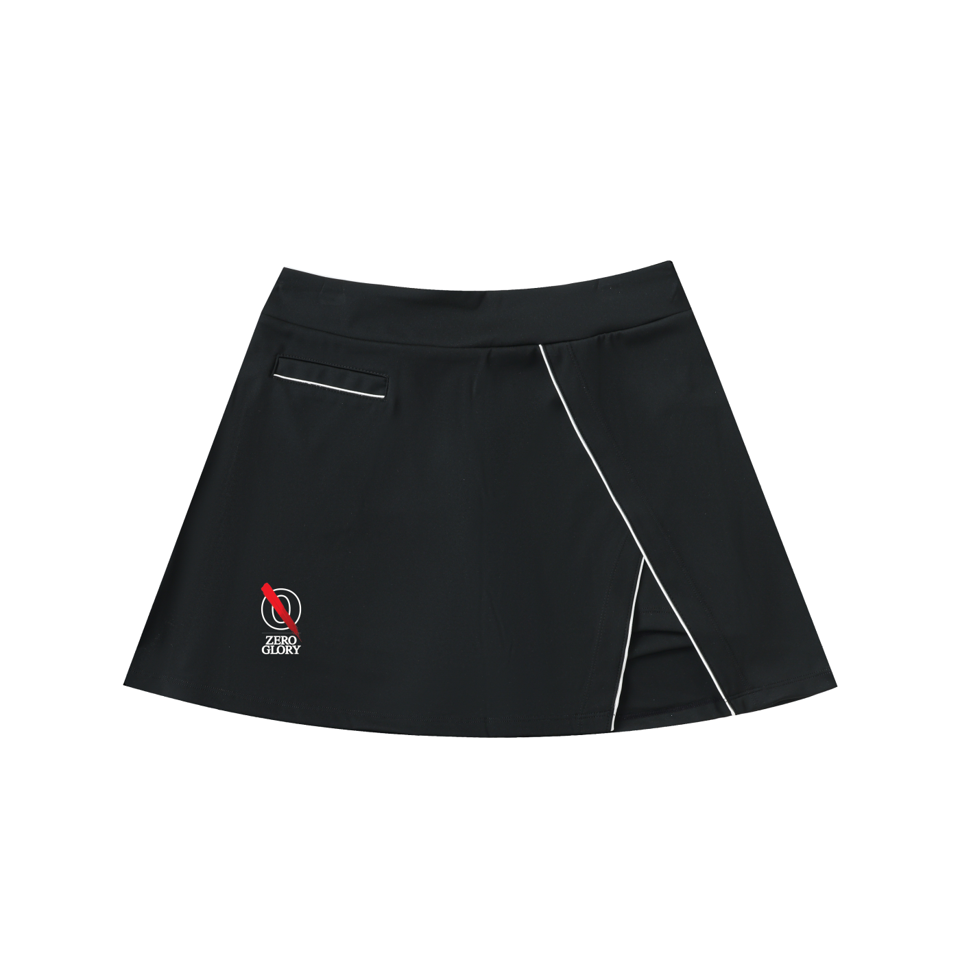 A black athletic skort with white contrast stitching, featuring a small red and white logo on the left leg, displayed against a solid white background.